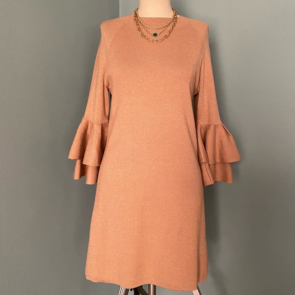 Anthropologie Knit Mock-Neck Dress Bell Ruffle Sleeves Size Small